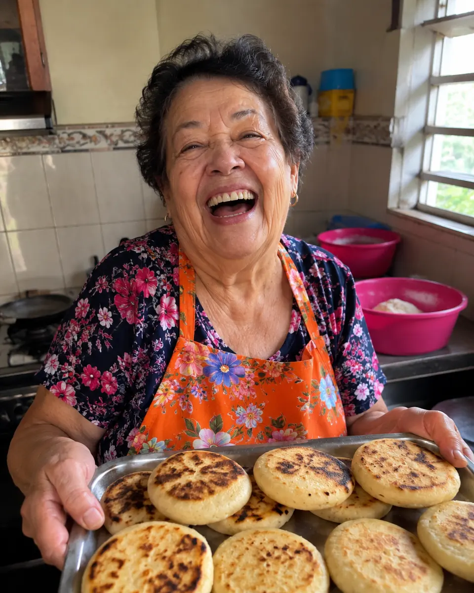 Una abuela riendo con una bandeja de arepas