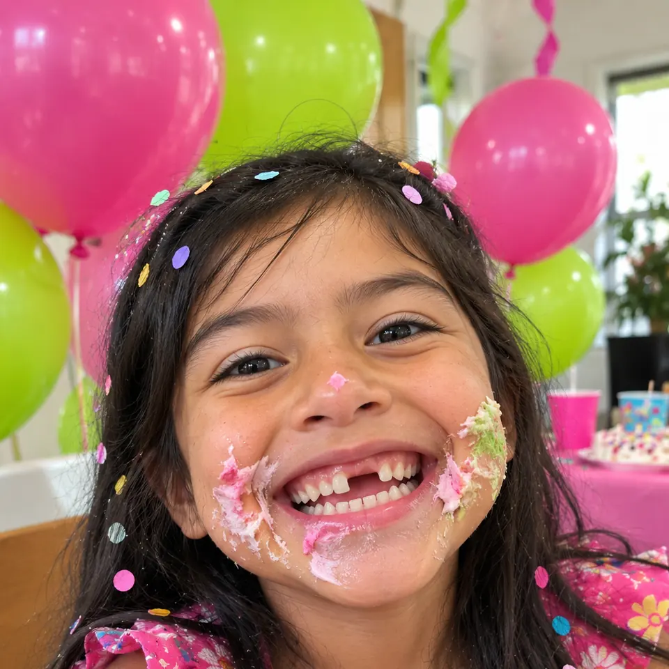 Una niña con la cara llena de pastel en su cumpleaños