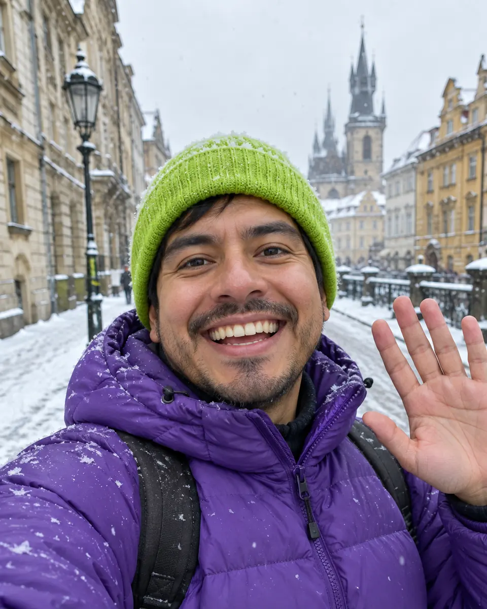 Un chico saludando en una calle nevada
